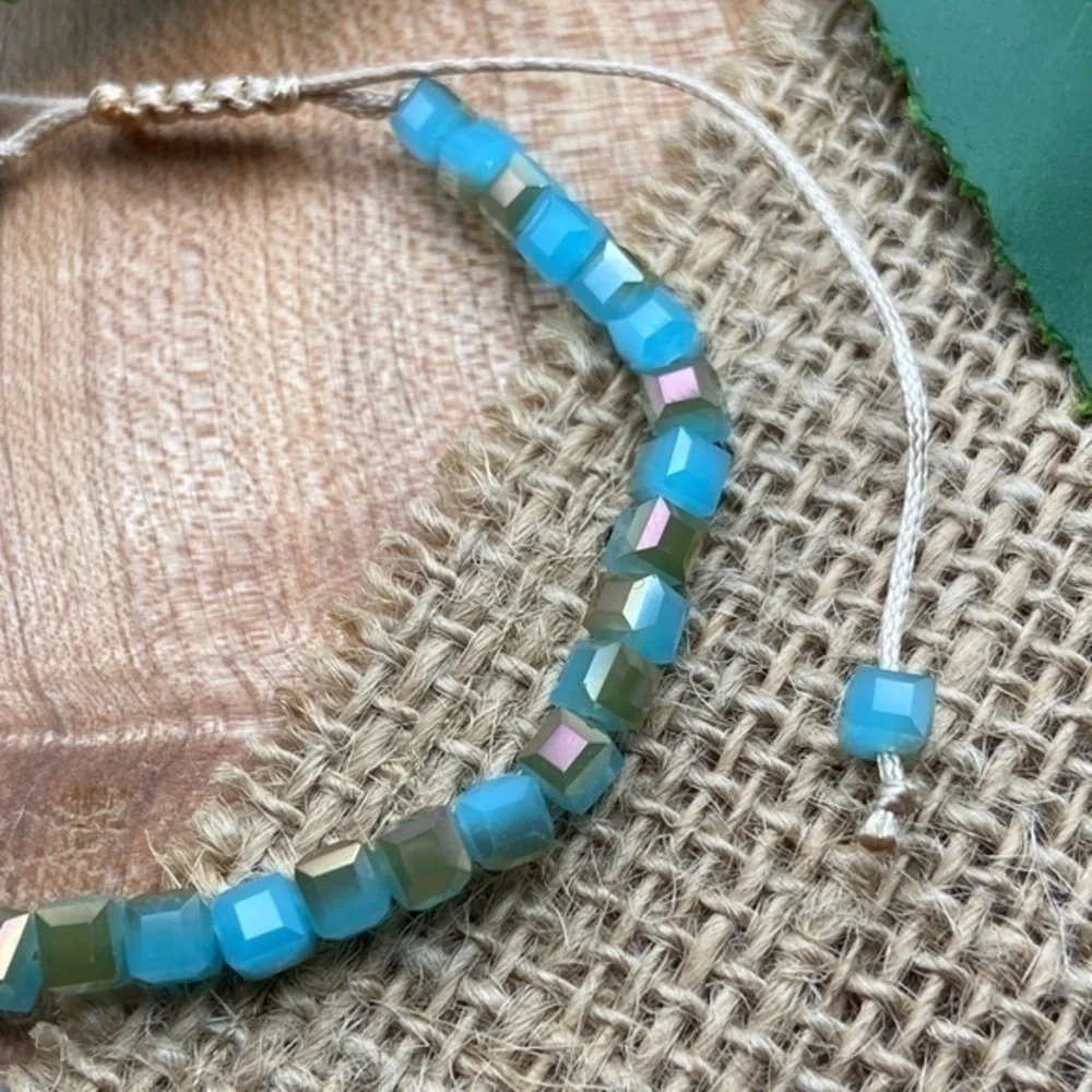 Cubic Boho Bracelet Iridescent Light Blue Tan‎ Crystal Beaded Adjustable Length